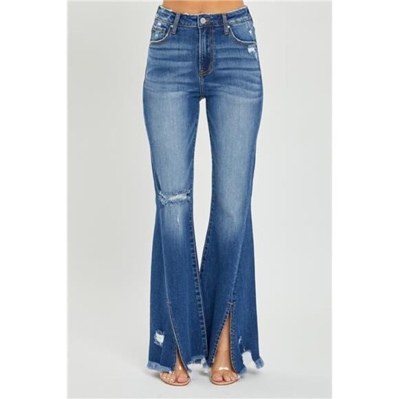 NWT RISEN High Rise Front Slit Frayed Hem Flare Jeans, Some Stretch, Distressed - Picture 4 of 6